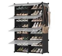 SONGMICS Mueble Zapatero Plástico, 8 Compartimentos para 32 Pares de Zapatos, con Puertas, Estructura de Acero y Estantes de Plástico, Armario para Dormitorio, Negro Tinta y Transparente LPC034B01