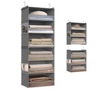 SONGMICS Organizador Colgante, Organizadora de Armario, Estante Divisible, Almacenamiento Plegable y Ahorra Espacio, Ganchos de Metal y Soporte de Bambú, Gris Paloma RCH007G01