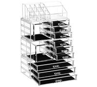 SONGMICS Organizador Cosmético 4 en 1 XXL, Estuche de Maquillaje con 11 Cajones y 15 Compartimentos de Diferentes Tamaños, Antideslizante, Maquillaje y Alfombras de Joyería, Transparente JKA017TP