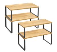 SONGMICS Estante para Especias Extensible, Juego de 2 | Organizador de Armario, Metal y Bambú, Color bambú original y negro mate, Colección BYSTRO KCS200B01