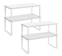 SONGMICS Organizadores de Cocina, Juego de 4 Estantes de Cocina, para Almacenamiento de Gabinete, Apilables, Expandibles, Metal y Madera de Ingeniería, Blanco Nube y Blanco Nieve KCS028W01
