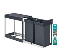 SONGMICS Papelera de Cocina para Reciclaje y Residuos, Cubo de Basura para Armario, 2 x 15 L Compartimentos Dobles, Extraíble, Marco de Acero, Tapa ABS, Gris LTB950GZ01