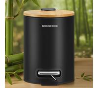 SONGMICS Papelera Pequeña, Cubo de Basura con Tapa de Bambú, Pedal de Metal, Cubo Interior Extraíble, Cierre Suave, para Baño, 3 L, Negro Tinta LTB113BZ01