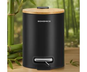 SONGMICS Papelera Pequeña, Cubo de Basura con Tapa de Bambú, Pedal de Metal, Cubo Interior Extraíble, Cierre Suave, para Baño, 3 L, Negro Tinta LTB113BZ01