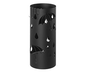 SONGMICS Paragüero, Redondo, Metal, con 4 Ganchos, Bandeja de Recogida de Agua Extraíble, 17 x 41 cm (Diámetro x Alto), para Entrada, Pasillo, Negro LUC024B01