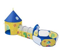 SONGMICS Parque Infantil 3 en 1 con Tienda, Túnel, Piscina de Bolas | Parque Infantil emergente, Tema Dinosaurio Espacio, Amarillo y Azul, Colección ISLAND LPT702Y01
