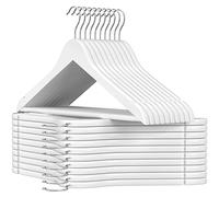 SONGMICS Percha de Madera Maciza, Juego de 20, con Ranuras para Hombros, Barra Antideslizante para Pantalones, Gancho Giratorio de 360°, para Trajes, Camisas, Abrigos, Blanco y Plata CRW03W-20