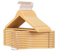 SONGMICS Percha de Madera Maciza, Juego de 20, con Ranuras para Hombros, Barra Antideslizante para Pantalones, Gancho Giratorio de 360°, para Trajes, Camisas, Abrigos, Natural y Oro Rosa CRW001N01