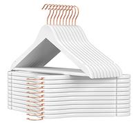 SONGMICS Percha de Madera Maciza, Juego de 20, con Ranuras para Hombros, Barra Antideslizante para Pantalones, Gancho Giratorio de 360°, para Trajes, Camisas, Abrigos, Blanco y Oro Rosa CRW001W01