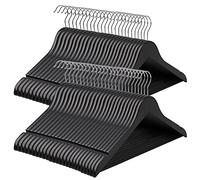 SONGMICS Percha de Madera Maciza, Juego de 50, con Ranuras para Hombros, Barra Antideslizante para Pantalones, Gancho Giratorio de 360°, para Trajes, Camisas, Abrigos, Negro y Plata CRW02B-50