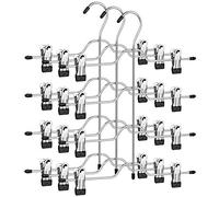 SONGMICS Perchas para Falda con Clips, Juego de 3, Metal de 4 Capas, con 8 Pinzas Ajustables Antideslizantes, para Pantalones, Vaqueros, Toallas, Cortos, 32 cm, Color Plata y Negro CRI042BK