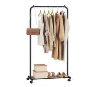 SONGMICS Perchero Burro con Estante, Barra Colgante de 74 cm de Ancho | Burro de Ropa, de Acero, 2 Ruedas Bloqueables, Barra Superior Soporta hasta 35 kg, Negro, Colección PATAYE HSR130B01