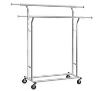 SONGMICS Perchero Colgador para Ropa Bufandas con 4 Ruedas Altura y Longitud Regulables, Cromado HSR12S