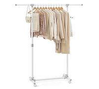 SONGMICS Perchero con Ruedas, Altura Ajustable 97-165 cm, Barra Extensible | Burro para Ropa, Ganchos Laterales para Accesorios, Blanco Mate, Colección PATAYE, LLR001W01