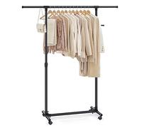 SONGMICS Perchero con Ruedas, Altura Ajustable 97-165 cm, Barra Extensible | Burro para Ropa, Ganchos Laterales para Accesorios, Negro Mate, Colección PATAYE, LLR001B01