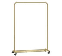 SONGMICS Perchero con ruedas, perchero para colgar ropa, perchero de metal de 25,4 mm con estante de almacenamiento de malla densa, capacidad de carga de 110 libras, 2 frenos, dorado UHSR025A01