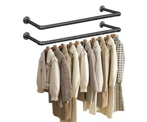 SONGMICS Perchero de Pared para Ropa, Perchero de Barra para Colgar Ropa Industrial, Juego de 2, Ahorro de Espacio, 92 x 30 x 7,5 cm, Fácil Montaje, para Espacios Reducidos, Negro HSR67BK02