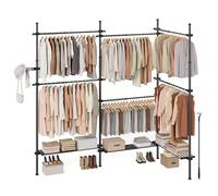 SONGMICS Perchero telescópico de 3 niveles, ajustable en altura y ancho, armario abierto con 6 barras y 3 estantes extraíbles, brazo de agarre, negro mate HSR155B01