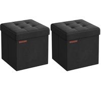 SONGMICS Puff Almacenaje 38 cm, Baúl de Almacenaje, Taburete Reposapiés, Negro Tinta LSF27B01 (Paquete de 2)