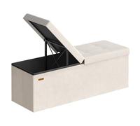 SONGMICS Puff Almacenaje, Banco Plegable, Tapa Abatible, 110 x 38 x 38 | Taburete con Reposapiés, Carga 300 kg, Tela de Terciopelo, Beige Capuchino, Colección MINOTA LSF078LH01