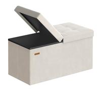 SONGMICS Puff Almacenaje, Banco Plegable, Tapa Abatible, 76 x 38 x 38 | Taburete con Reposapiés, Carga 300 kg, Tela de Terciopelo, Beige Capuchino, Colección ISLAND LSF048LH01