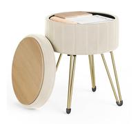 SONGMICS Puff Almacenaje, Taburete de Tocador de Terciopelo, 39 x 44,4 cm | Banco Almacenaje Redondo, 4 Patas de Metal, Asiento Acolchado, Blanco Crema, Colección GIANA, LOM003W01