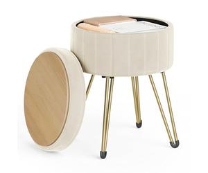 SONGMICS Puff Almacenaje, Taburete de Tocador de Terciopelo, 39 x 44,4 cm | Banco Almacenaje Redondo, 4 Patas de Metal, Asiento Acolchado, Blanco Crema, Colección GIANA, LOM003W01