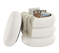 SONGMICS Puff Almacenaje, Tela de Peluche, 30 L, 43 x 43 x 47 cm | Taburete de Tocador, Reposapiés Redondo, Soporta 150 kg, para Salón y Dormitorio, Blanco, Colección ISLAND LOM015WD01