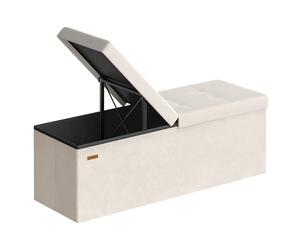 SONGMICS Puff Almancenaje, Banco Almacenaje Plegble, 38 x 110 x 38, Tapa Abatible, Taburete con Reposapiés, Carga 300 kg, Entrada, Salón, Dormitorio, Tela de Terciopelo, Beige Capuchino LSF078LH01