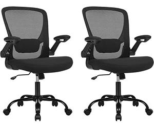 SONGMICS Set de 2, Silla de Oficina, Silla de Malla Ergonómica, Silla de Ordenador, con Soporte Lumbar Acolchado, Respaldo Basculante, Asiento de 53 cm de Ancho, Apoyabrazos Abatibles, Negro OBN37BK-2