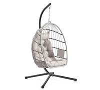 SONGMICS Silla Colgante de Exterior, Cesta Plegable, Sillón Hamaca Tipo Huevo, Altura Ajustable, Bolsillo Lateral, Asiento Acolchado, para Sala de Estar, Jardín y Balcón, Blanco GDC050WZ01