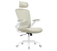 SONGMICS Silla de Oficina, Silla de Escritorio de Malla, Silla Giratoria Ergonómica, Soporte Lumbar, Oscilante, Asiento de 53 cm, Apoyabrazos Abatibles, Reposacabezas, Beige Capuchino OBN047K01