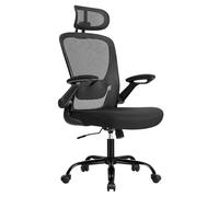 SONGMICS Silla de Oficina, Silla de Escritorio de Malla, Silla Giratoria Ergonómica, Soporte Lumbar, Oscilante, Asiento de 53 cm, Apoyabrazos Abatibles, Reposacabezas, Negro Tinta OBN047B01