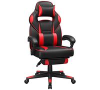 SONGMICS Silla de Oficina, Silla Gaming Ergonómica, con Reposapiés Telescópico, Respaldo Ajustable, Reposacabezas y Soporte Lumbar, Carga de 150 kg, Negro Tinta y Rojo Fresa OBG73BRV1