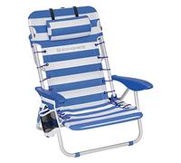 SONGMICS - Silla de Playa, Silla Plegable para Camping, con Correa, Respaldo Ajustable, reposacabezas, apoyabrazos, 2 Fundas Laterales, Azul y Blanco GCB62BU