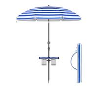 SONGMICS Sombrilla 160 cm, Sombrilla de Playa, Protección Solar UPF 50+, Plegable por Ambos Lados 30°, Estante, Regulable en Altura, Gancho, para Playa, Jardín, sin Soporte, Azul y Blanco GPU0080Q02