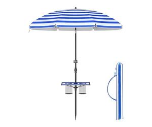 SONGMICS Sombrilla 160 cm, Sombrilla de Playa, Protección Solar UPF 50+, Plegable por Ambos Lados 30°, Estante, Regulable en Altura, Gancho, para Playa, Jardín, sin Soporte, Azul y Blanco GPU0080Q02