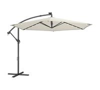 SONGMICS Sombrilla para Balcón con Iluminación LED Solar, Brazo de 350 cm de Diámetro, 32 Luces, con Base, Parasol UPF 50+, con Manivela, para Terraza, Jardín, Beige GPU119LZ01