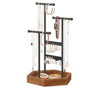 SONGMICS Soporte de Joyas, Expositor de Joyas, 4 Zonas Independientes, Organizador Pendientes de Metal, para Collares, Pulseras, Pendientes, Negro y Marrón Caramelo JJS03CB