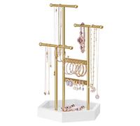 SONGMICS Soporte de Joyas, Expositor de Joyas, 4 Zonas Independientes, Organizador Pendientes de Metal, para Collares, Pulseras, Pendientes, Dorado y Blanco JJS003A01