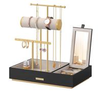 SONGMICS Soporte para Joyas, Expositor de Joyas, Organizador de Pendientes de Metal con Espejo para Collares, Pulseras, Pendientes, Anillos, Regalo Ideal, Negro y Dorado JJS022B01