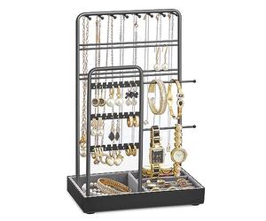 SONGMICS Soporte para Joyas, Organizador de Joyas, Expositor de Joyas, Marco de Metal, Bandeja de Terciopelo, para Collares, Pulseras, Anillos, Regalo, Negro Tinta JJS021B01