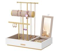 SONGMICS Soporte para Joyas, Organizador de Pendientes con Espejo | Expositor de Metal para Collares, Pulseras, Anillos, Regalo, Blanco y Dorado, Colección CAELEY JJS022W01V1