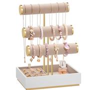 SONGMICS Soporte para Pulseras, 3 Niveles, Bandejas de Terciopelo | Organizador de Joyas, Soporte para Anillos Desmontable, Dorado Pálido y Marrón Camello, Colección CAELEY JJS027A01