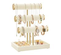 SONGMICS Soporte para Pulseras, 3 Niveles, Bandejas de Terciopelo | Organizador de Joyas, Soporte para Anillos Desmontable, Blanco Crema y Oro Pálido, Colección CAELEY JJS027W101
