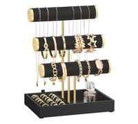 SONGMICS Soporte para Pulseras, 3 Niveles, Bandejas de Terciopelo | Organizador de Joyas, Soporte para Anillos Desmontable, Negro Tinta y Dorado Pálido, Colección CAELEY JJS027B01