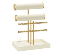 SONGMICS Soporte para Pulseras, Expositor de Joyas, Organizador de 2 Niveles y Bandejas de Terciopelo, Soporte para Pendientes, Soporte para Anillos Desmontable, Blanco Crema y Oro Pálido