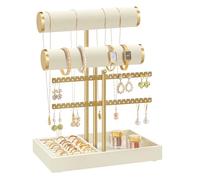 SONGMICS Soporte para Pulseras, Expositor de Joyas, Organizador de 2 Niveles y Bandejas de Terciopelo, Soporte para Pendientes, Soporte para Anillos Desmontable, Blanco Crema y Oro Pálido JJS046W101