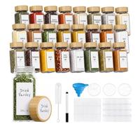 SONGMICS Tarros de Cristal para Especias, Juego de 24, con Tapas de Bambú | Herméticos, con Etiquetas y Embudo, 120 ml, 4,5 x 4,5 x 10,5 cm, Bambú Claro, Colección ISLAND KCS240Y101