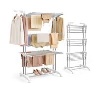 SONGMICS Tendedero de 4 Niveles, con Ruedas, Alas Plegables | 126,6 x 64,2 x 169,2 cm, Gran Capacidad, Montaje Fácil, Uso Interior y Exterior, Plata y Blanco, Colección BUNJI LLR701EW01